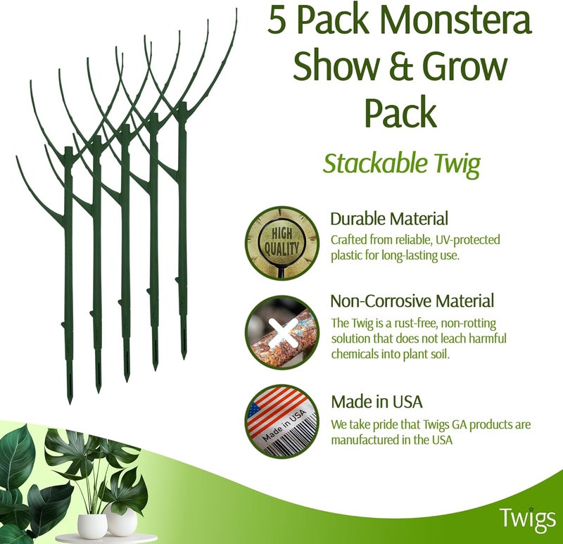 Twigs Ga دعامات نبات مونستيرا القابلة للتكديس، دعم للتسلق للاستخدام الداخلي والخارجي، ملحقات نباتية، بديل جمالي لأعمدة الطحالب والشبكات – مونستيرا الأخضر، عبوة 5، 17 بوصة طول - Image 2